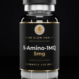 5-Amino-1MQ 5mg vial by Pure Glow Health – matte black and gold label, research use only