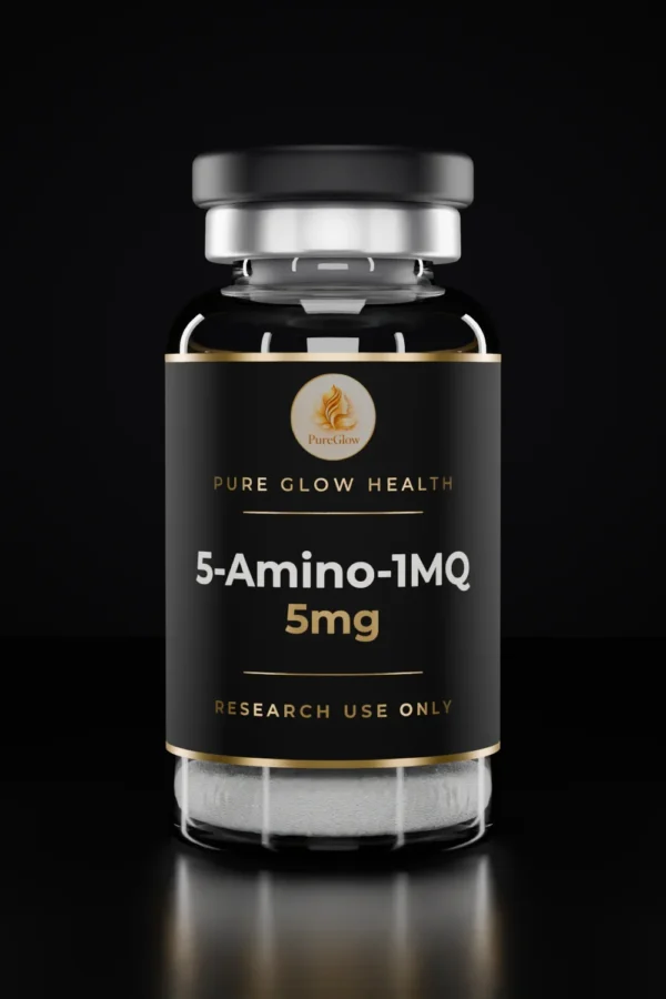 5-Amino-1MQ 5mg vial by Pure Glow Health – matte black and gold label, research use only