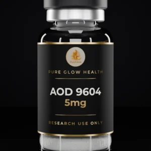 AOD 9604 5mg vial by Pure Glow Health – matte black and gold label, research use only