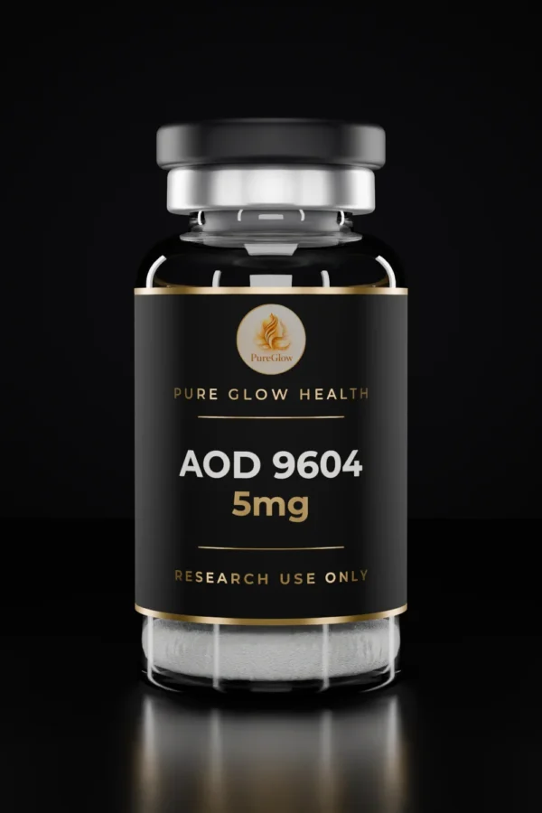 AOD 9604 5mg vial by Pure Glow Health – matte black and gold label, research use only