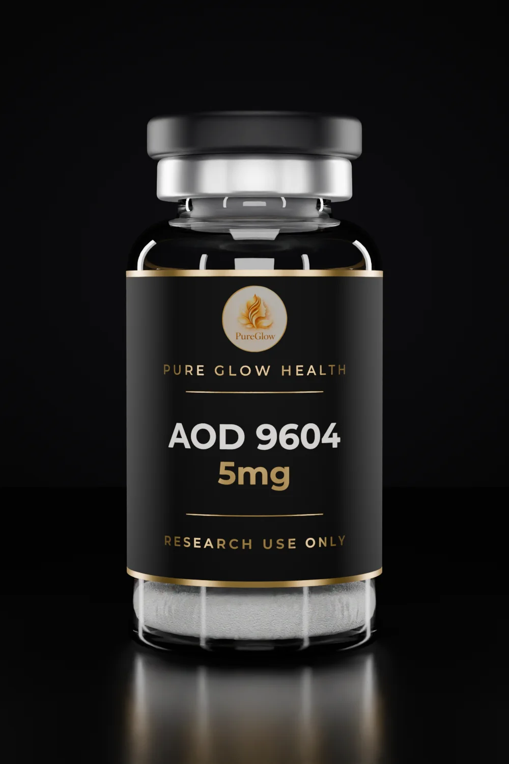 AOD 9604 5mg vial by Pure Glow Health – matte black and gold label, research use only