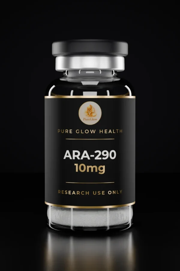 ARA-290 10mg vial by Pure Glow Health – matte black and gold label, research use only