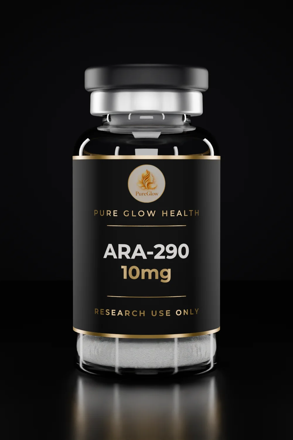 ARA-290 10mg vial by Pure Glow Health – matte black and gold label, research use only