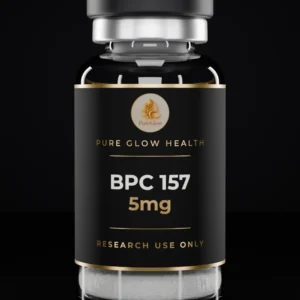 BPC 157 5mg vial by Pure Glow Health – matte black and gold label, research use only