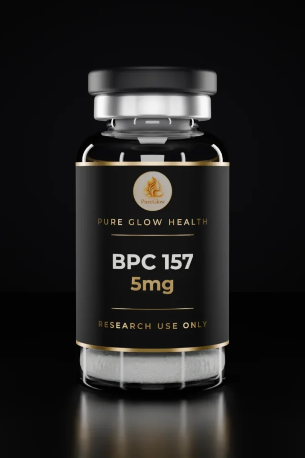 BPC 157 5mg vial by Pure Glow Health – matte black and gold label, research use only