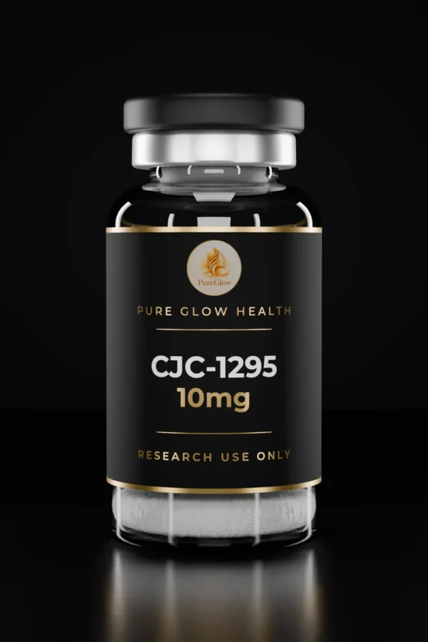 CJC-1295 10mg vial by Pure Glow Health – matte black and gold label, research use only
