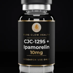 CJC-1295 + Ipamorelin 10mg vial by Pure Glow Health – matte black and gold label, research use only