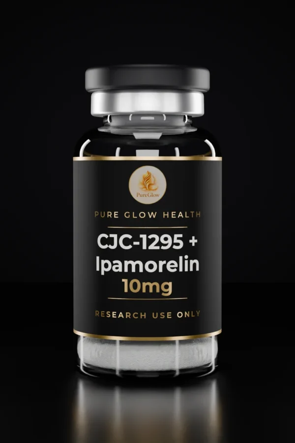 CJC-1295 + Ipamorelin 10mg vial by Pure Glow Health – matte black and gold label, research use only