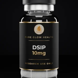 DSIP 10mg vial by Pure Glow Health – matte black and gold label, research use only