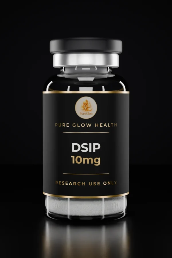 DSIP 10mg vial by Pure Glow Health – matte black and gold label, research use only