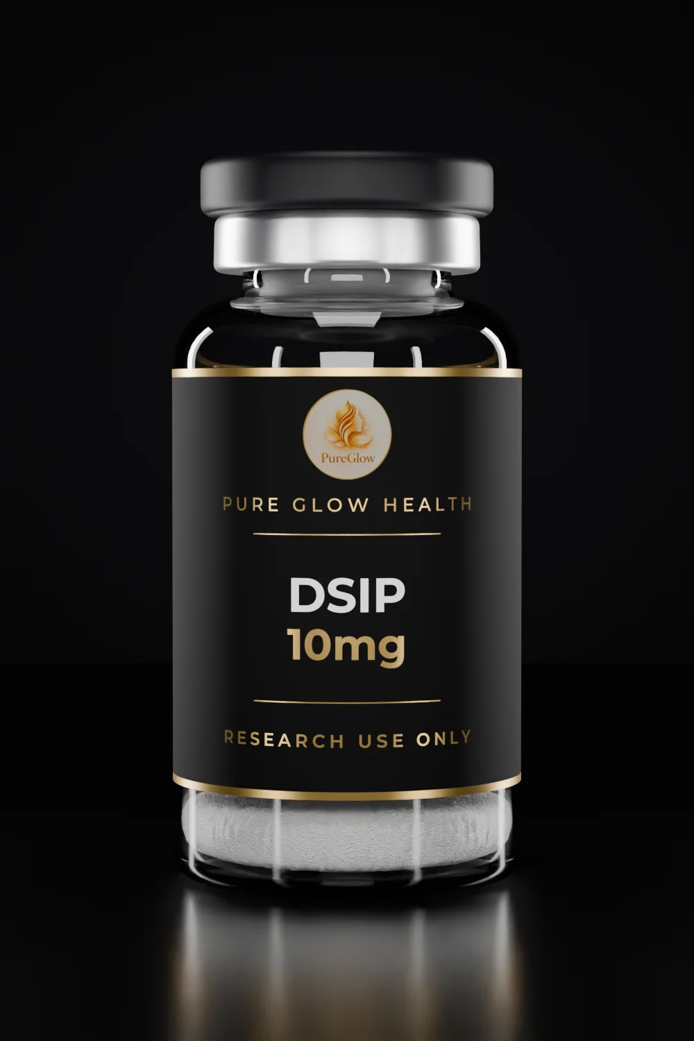 DSIP 10mg vial by Pure Glow Health – matte black and gold label, research use only