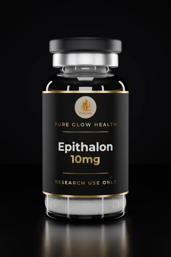 Epithalon 10mg vial by Pure Glow Health – matte black and gold label, research use only