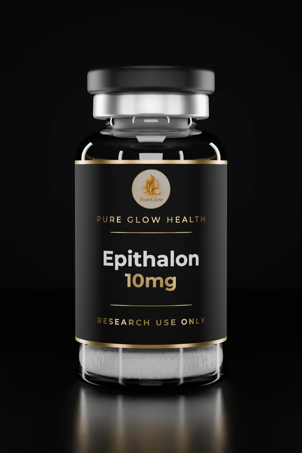 Epithalon 10mg vial by Pure Glow Health – matte black and gold label, research use only