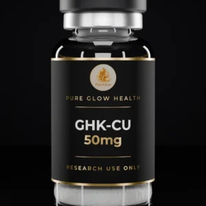 GHK-CU 50mg vial by Pure Glow Health – matte black and gold label, research use only