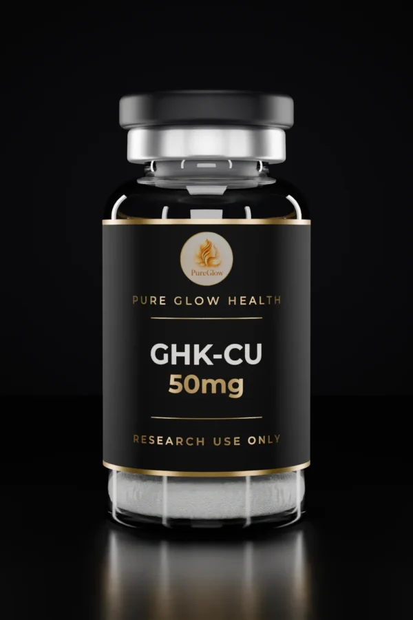 GHK-CU 50mg vial by Pure Glow Health – matte black and gold label, research use only