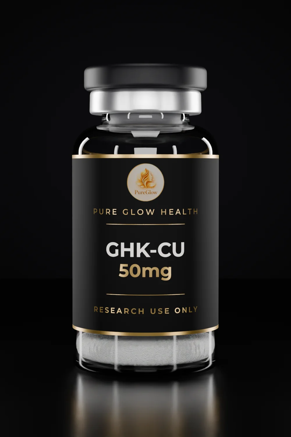 GHK-CU 50mg vial by Pure Glow Health – matte black and gold label, research use only