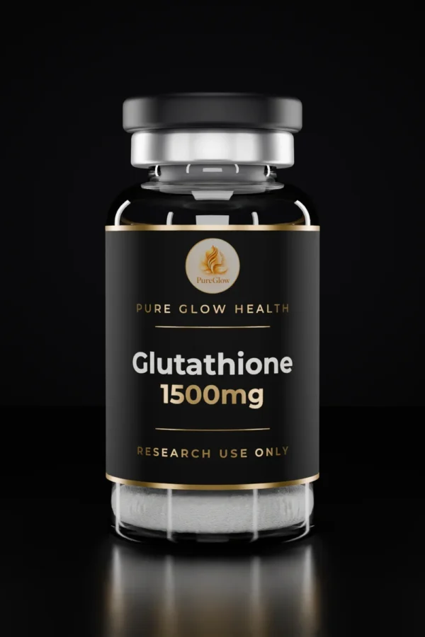 Glutathione 1500mg vial by Pure Glow Health – matte black and gold label, research use only