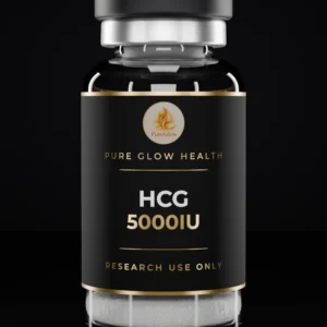HCG 5000IU vial by Pure Glow Health – matte black and gold label, research use only