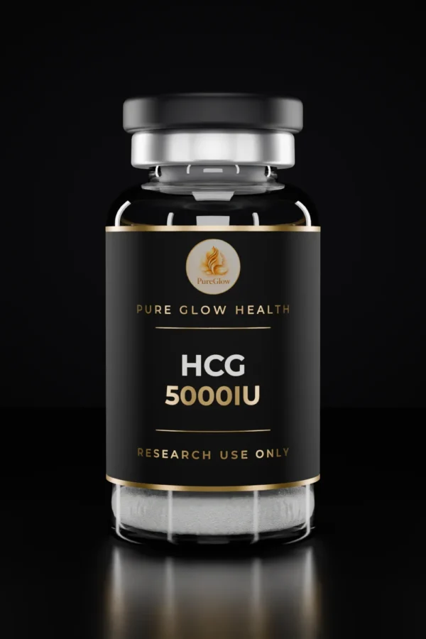 HCG 5000IU vial by Pure Glow Health – matte black and gold label, research use only