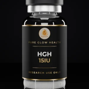 HGH 15IU vial by Pure Glow Health – matte black and gold label, research use only