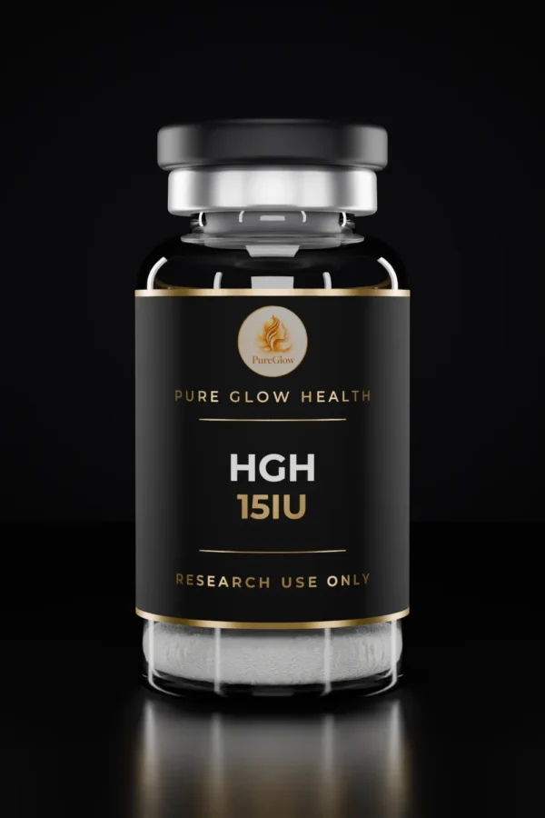 HGH 15IU vial by Pure Glow Health – matte black and gold label, research use only
