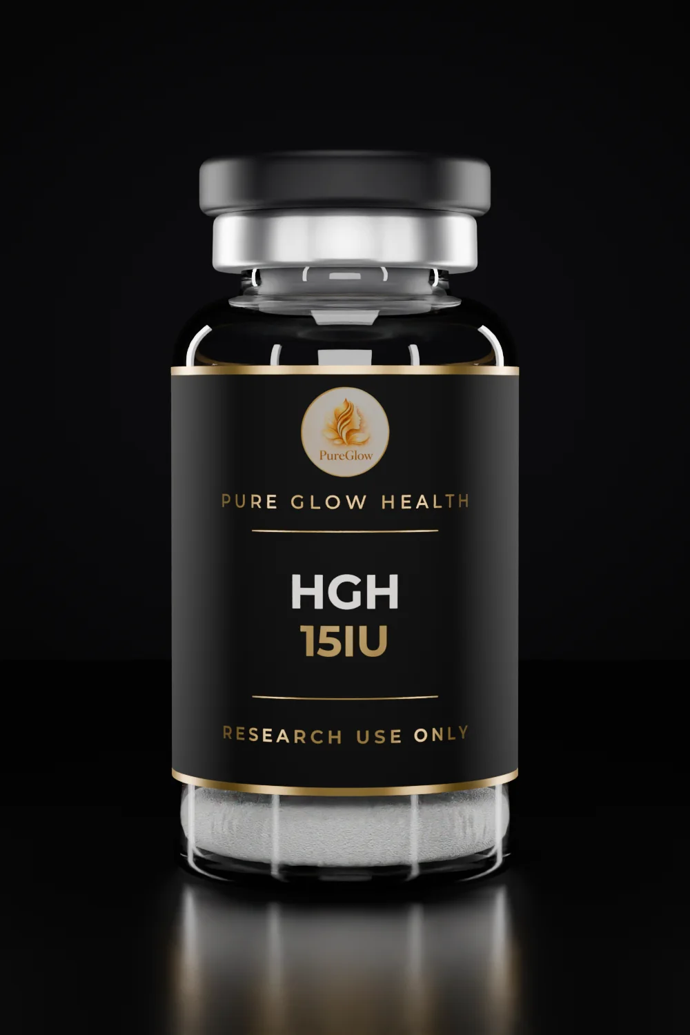 HGH 15IU vial by Pure Glow Health – matte black and gold label, research use only