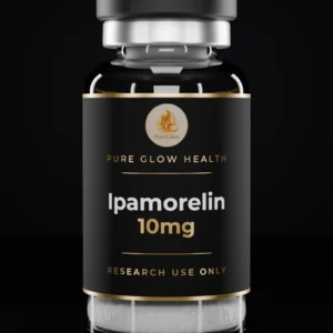 Ipamorelin 10mg vial by Pure Glow Health – matte black and gold label, research use only