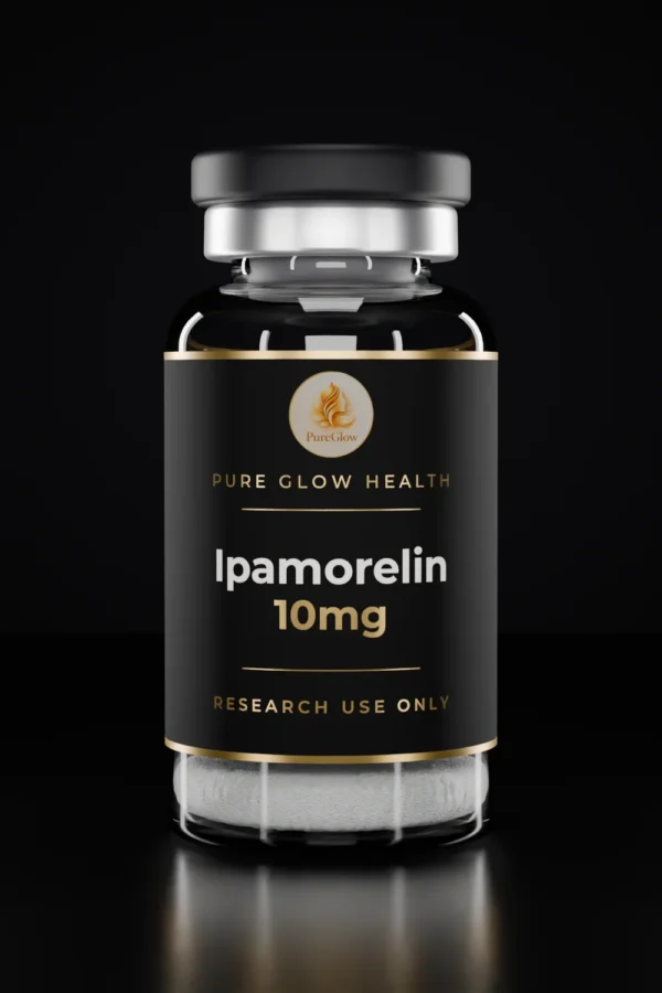 Ipamorelin 10mg vial by Pure Glow Health – matte black and gold label, research use only