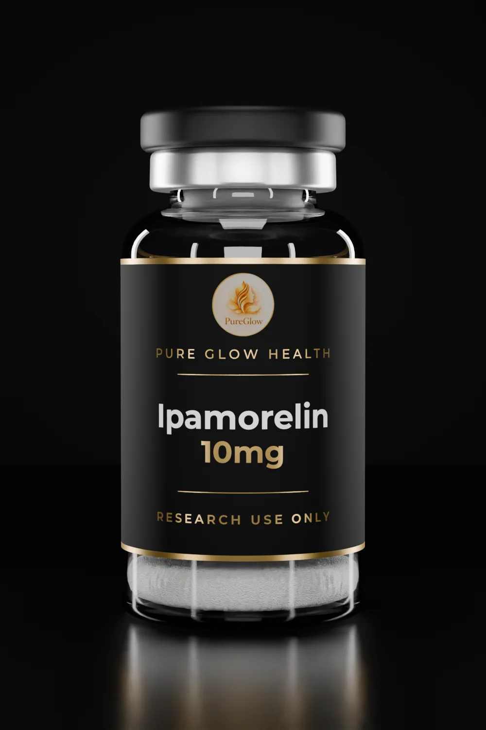 Ipamorelin 10mg vial by Pure Glow Health – matte black and gold label, research use only