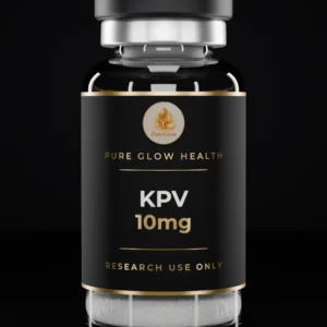 KPV 10mg vial by Pure Glow Health – matte black and gold label, research use only
