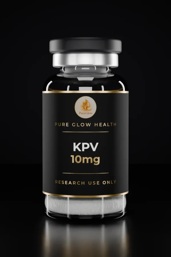 KPV 10mg vial by Pure Glow Health – matte black and gold label, research use only