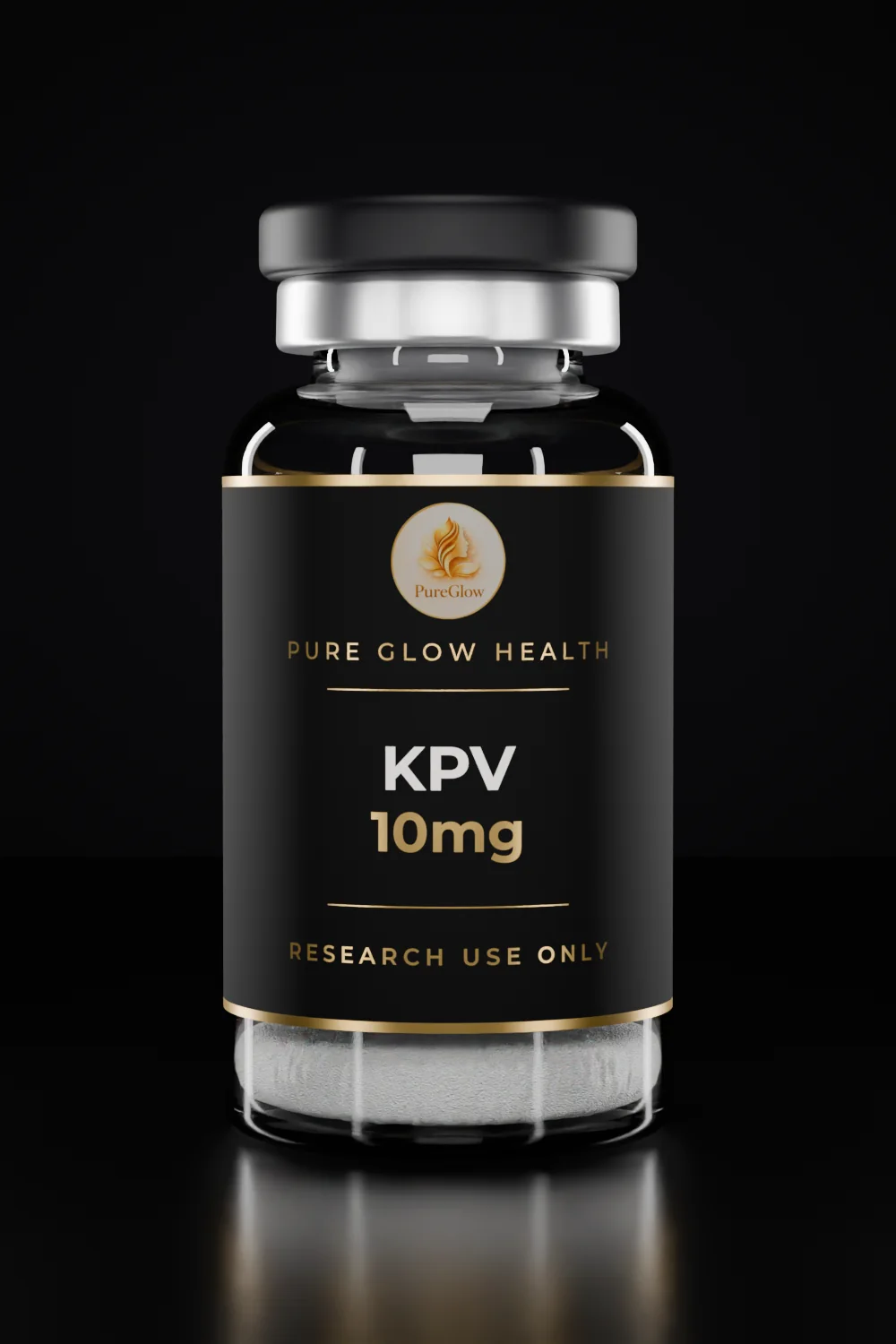 KPV 10mg vial by Pure Glow Health – matte black and gold label, research use only