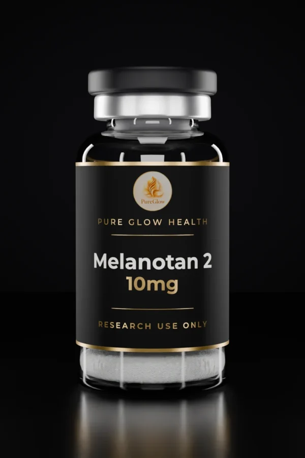 Melanotan 2 10mg vial by Pure Glow Health – matte black and gold label, research use only