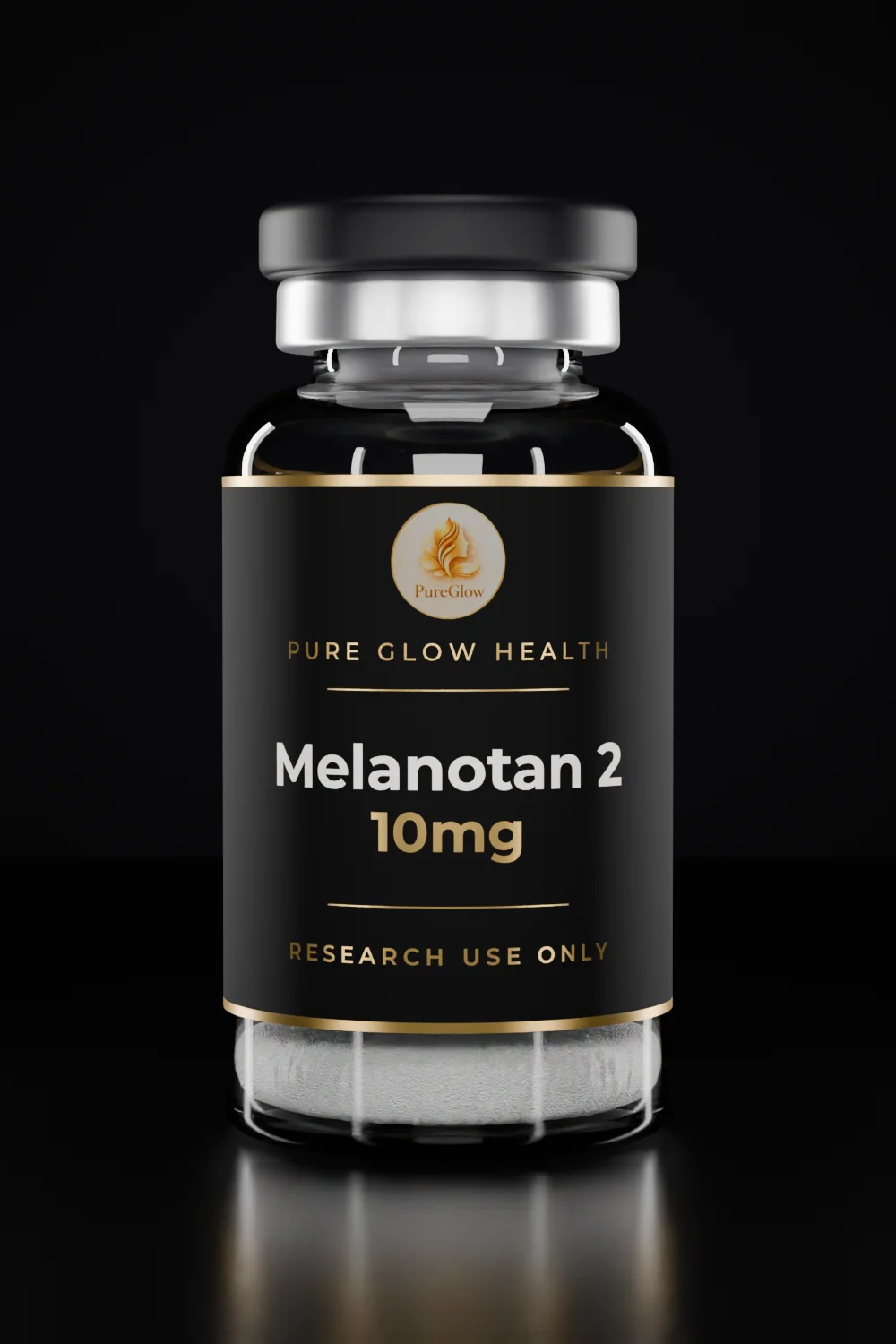 Melanotan 2 10mg vial by Pure Glow Health – matte black and gold label, research use only