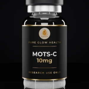 MOTS-C 10mg vial by Pure Glow Health – matte black and gold label, research use only