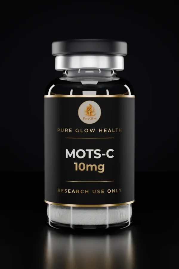 MOTS-C 10mg vial by Pure Glow Health – matte black and gold label, research use only