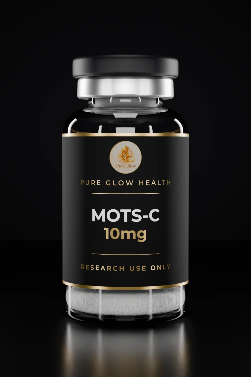 MOTS-C 10mg vial by Pure Glow Health – matte black and gold label, research use only