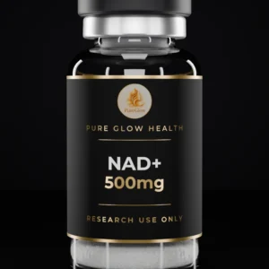 NAD+ 500mg vial by Pure Glow Health – matte black and gold label, research use only