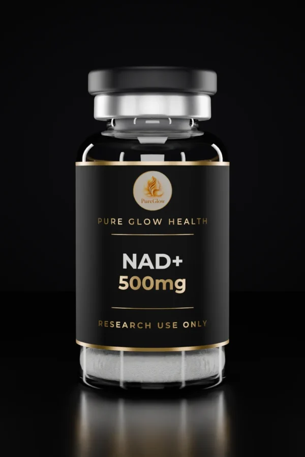 NAD+ 500mg vial by Pure Glow Health – matte black and gold label, research use only