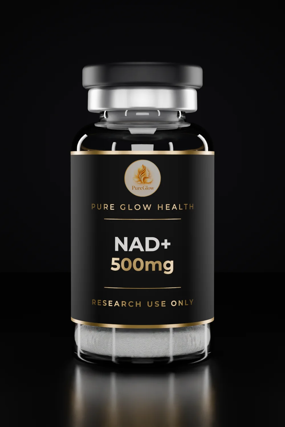 NAD+ 500mg vial by Pure Glow Health – matte black and gold label, research use only