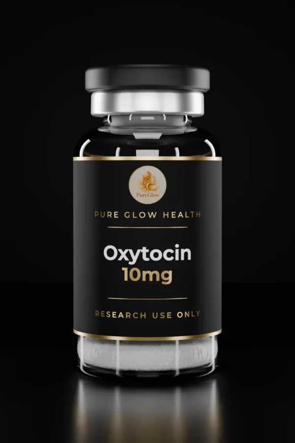 Oxytocin 10mg vial by Pure Glow Health – matte black and gold label, research use only