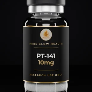 PT-141 10mg vial by Pure Glow Health – matte black and gold label, research use only