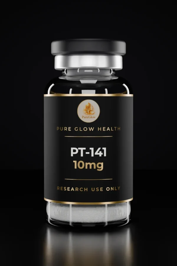 PT-141 10mg vial by Pure Glow Health – matte black and gold label, research use only