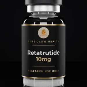 Retatrutide 10mg vial by Pure Glow Health – matte black and gold label, research use only