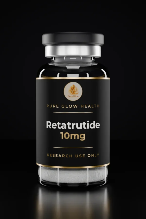 Retatrutide 10mg vial by Pure Glow Health – matte black and gold label, research use only