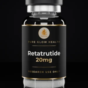 Retatrutide 20mg vial by Pure Glow Health – matte black and gold label, research use only