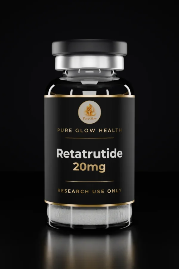 Retatrutide 20mg vial by Pure Glow Health – matte black and gold label, research use only