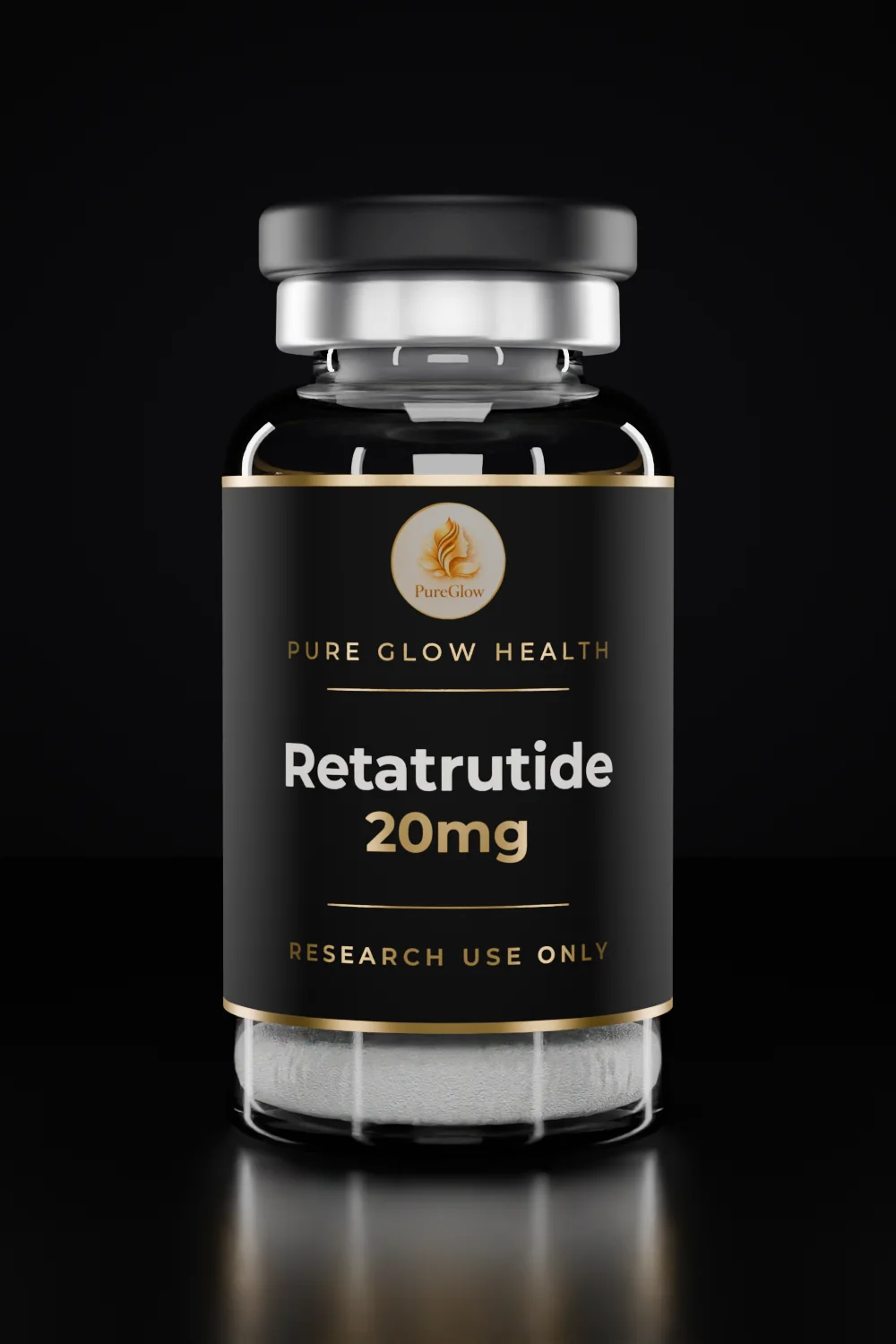 Retatrutide 20mg vial by Pure Glow Health – matte black and gold label, research use only