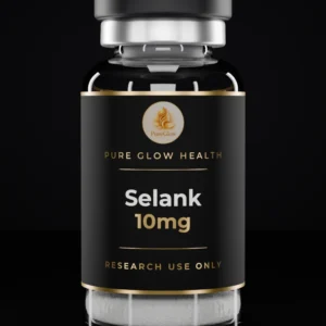 Selank 10mg vial by Pure Glow Health – matte black and gold label, research use only