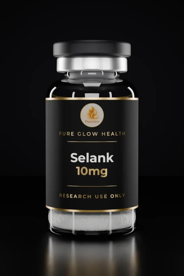 Selank 10mg vial by Pure Glow Health – matte black and gold label, research use only